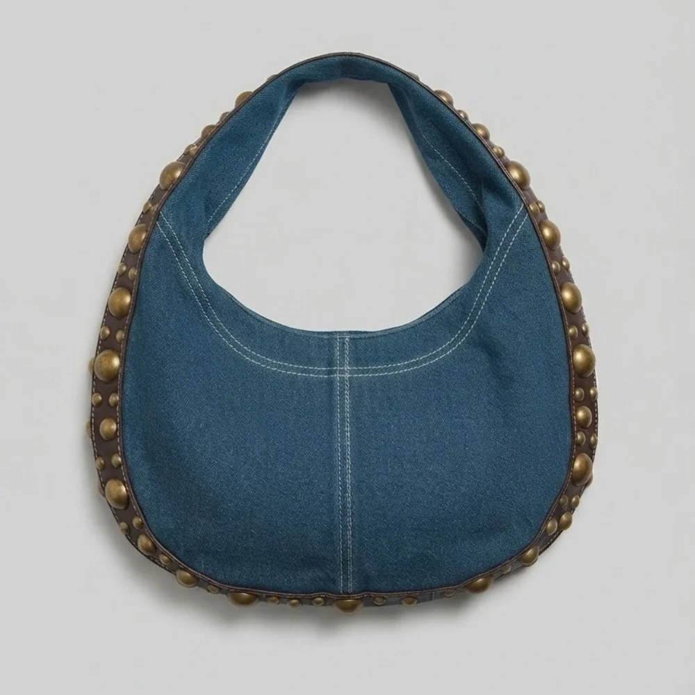 y2k studded Hobo Bag Denim jean Shoulder half moon crescent slouchy western